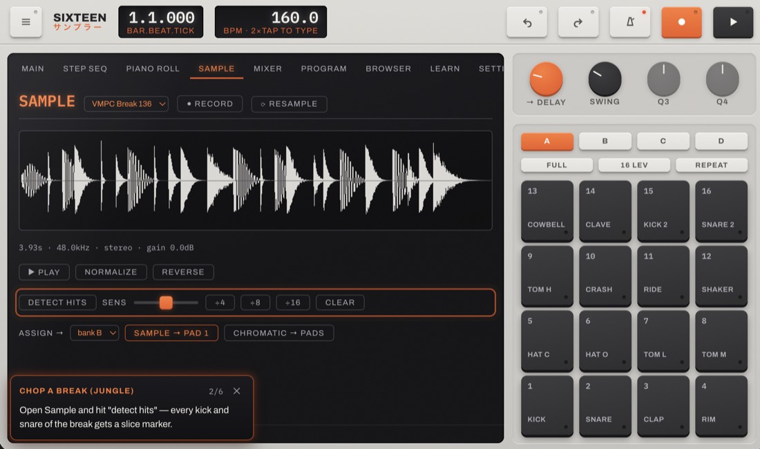 Sixteen's Sample view mid-mission: a chopped jungle break waveform with a 'Chop a break' mission step guiding the next move